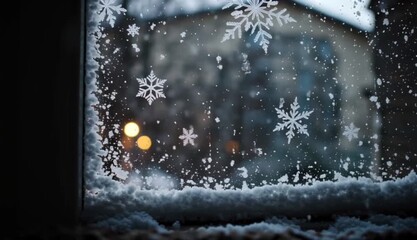 Winter Window: A frosted window pane adorned with delicate snowflakes offers a tranquil view of a snow-covered scene. - Powered by Adobe