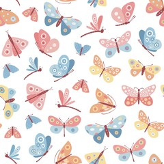 Seamless Pattern with Cute Pastel Butterflies – Colorful Cartoon Insects for Kids and Nursery Designs, perfect for kids textiles, nursery decor, baby clothing, wrapping paper, wallpapers, fabric print