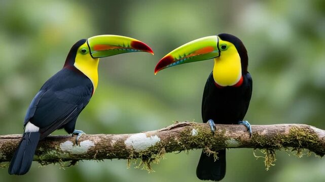 Video of two colorful toucans touching beaks on a jungle branch habitat 