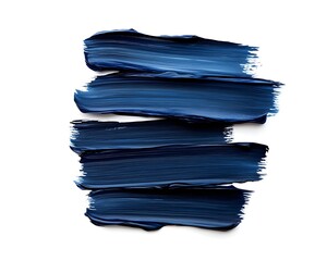 Five thick horizontal strokes of deep indigo paint are applied across a stark white background