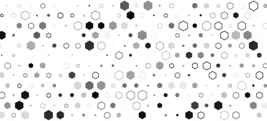 Black hexagon gradient texture. Fading honeycomb pattern background. Geometric hexagonal halftone tech overlay backdrop. Abstract grunge halfton wallpaper.