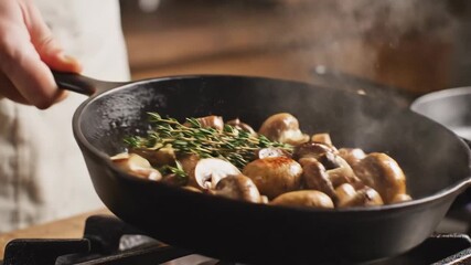 A close-up view of a pan with cooking mushrooms and herbs on a stove top. Steam rises, emphasizing the dish's freshness and culinary appeal - Powered by Adobe