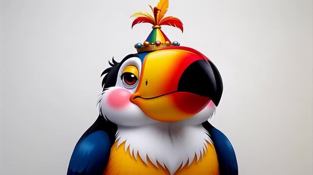 Close up of a toucan wearing a party hat with feathers against a plain background art style