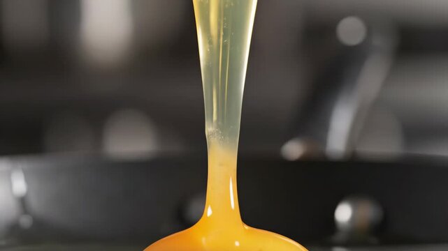 Close-up view of egg yolk flowing. The yellow fluid is translucent, shiny. Bubbles and impurities visible