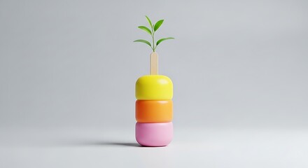 Green plant on colorful stacked shapes representing eco-friendly growth.