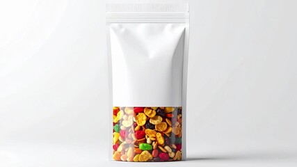 Clear stand-up pouch filled with vibrant, colorful dry snack mix, perfect for mockup and packaging design display on a clean white background - Powered by Adobe