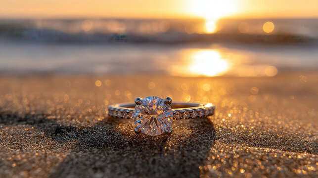 Sparkling engagement ring on a sandy beach at sunset