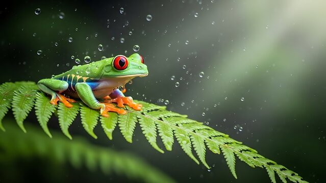 Red-Eyed Tree Frog on Fern Leaf in Rainforest Shower.