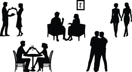 Black Silhouette Vector Illustrations of Romantic Couples Standing, Hugging, Toasting, and Talking on a Stylish Date Night or Social Occasion.