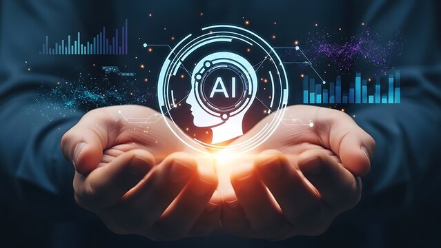 Artificial intelligence concept illustrated by digital interface held in human hands representing future technology and advanced machine learning applications leading to 
