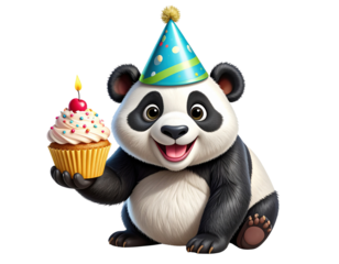 Panda Wearing Party Hat and Balancing Cupcake on Head, Playful Pose, Isolated