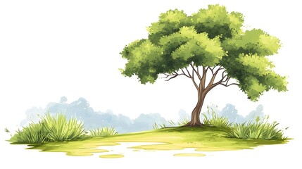 Lush green tree stands alone on a grassy mound with foliage and water puddles