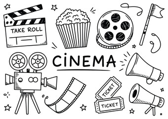 Doodle Art Cinema Elements In Hand-Drawn Illustration Style Featuring Camera, Film Reel, Popcorn, Clapper, Tickets, And Creative Movie Icons For Entertainment Design, Decorative Graphics