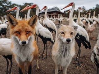 Fototapeta premium Cute red fox and pale fox posing with white storks