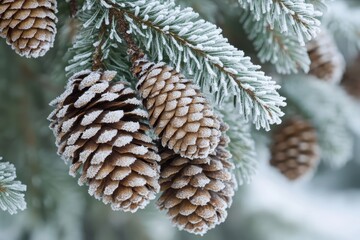 Close-up of frosted large pine cones and needles on a tree; Calgary, Alberta, Canada