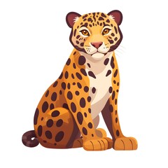 Cartoon illustration depicts a spotted wild feline creature sitting and looking forward