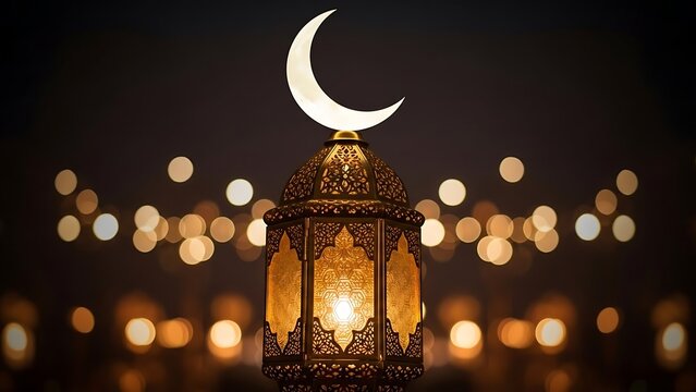 Ramadan lantern with crescent moon against bokeh lights background. - Powered by Adobe
