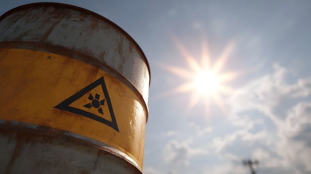 A rusty industrial barrel with a hazard warning symbol is set against a bright sunlit sky filled with clouds - Powered by Adobe
