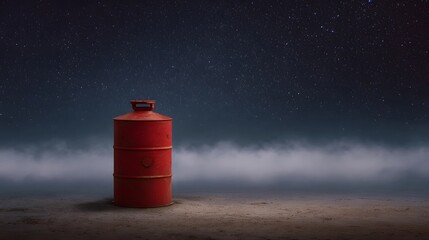 A weathered red industrial barrel stands alone under a vast starry night sky with rolling fog banks creating a dramatic atmospheric scene