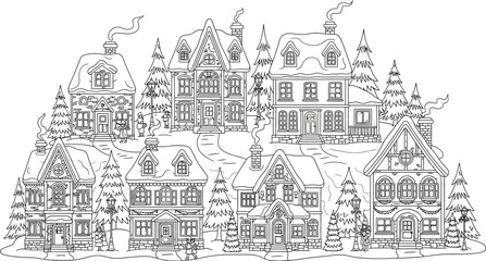 Obraz premium Winter village coloring page with houses and trees covered in snow for relaxation