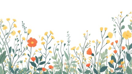 Delicate wildflowers in shades of yellow and orange bloom along the bottom border against a white background