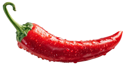 Vibrant red chili pepper with glistening water droplets adds a spicy kick to your culinary creations, perfect for food blogs and restaurant menus
