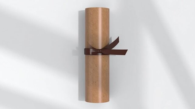 A tightly rolled scroll tied with a brown ribbon, casting a distinct shadow on a white surface, suggesting an official document or ancient message