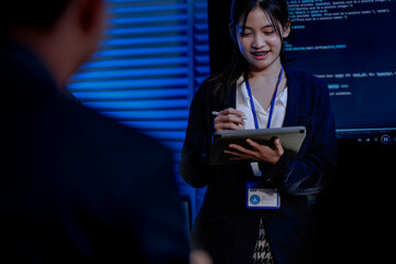 A multi ethnic strategy team with an Asian woman and Caucasian man discusses future tech. They are planning sustainable AI solutions and digital transformation.