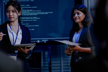 An Indian female developer leads a code review, holding a report. She explains a Python script for an AI or cybersecurity system to her team in a dark SOC Security Operations Center