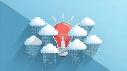 A glowing red lightbulb symbolizing a bright idea is surrounded by clouds raining binary code, representing data and technology.