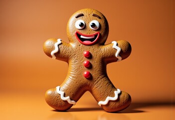 Delightful gingerbread figure with a cheerful expression and detailed icing, capturing the essence of holiday joy and festive craftsmanship against a warm background.