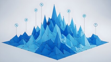 A stylized blue polygonal mountain landscape representing a 3D data visualization graph with network icons.