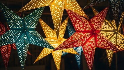 A vibrant collection of colorful illuminated star-shaped lanterns with intricate cutout patterns hanging together.