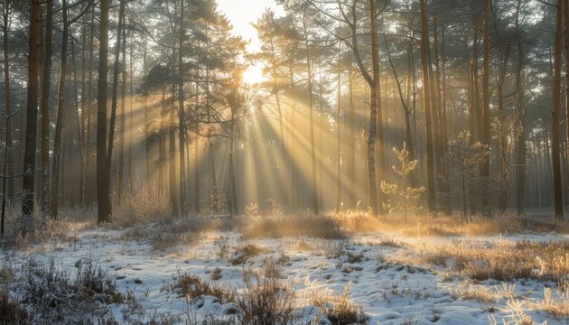 Magical winter landscape of a snow covered pine forest with morning fog and sun rays shining
