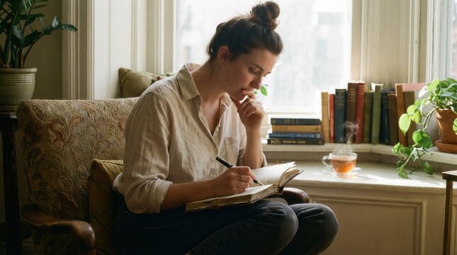 Young woman journaling on cozy armchair by bright window with books and tea practicing mindful self reflection at home