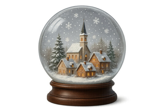 Snow globe with winter village scene, church and falling snowflakes, a cozy christmas holiday decoration - Powered by Adobe