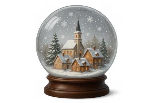 Snow globe with winter village scene, church and falling snowflakes, a cozy christmas holiday decoration - Powered by Adobe
