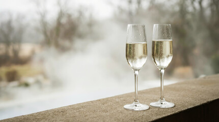 Flutes of champagne to welcome the new year, in a cloudy environment. Free space for text