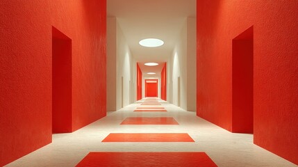 Obraz premium Symmetrical Red and White Futuristic Corridor 3D Render, Abstract Modern Minimalist Interior Architecture Background, Long Passage to Infinity for Sci-Fi or Gaming