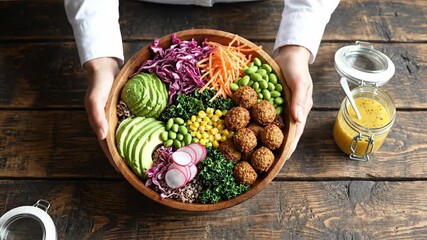 Delicious 4K Video of a Vibrant and Healthy Buddha Bowl Filled with Fresh Ingredients