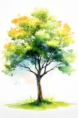 Vibrant watercolor painting depicts a solitary deciduous tree showcasing early autumn foliage transitions