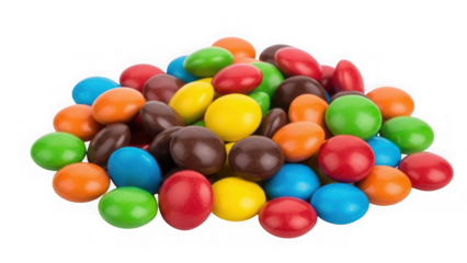 Pile of vibrant chocolate candy pieces with a hard colorful shell.