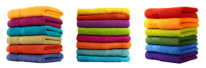 Set of A clean stack of folded multicolored bath towels placed on transparent png background. Ai generated