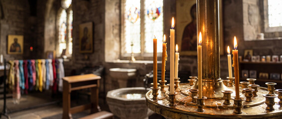 A bright, peaceful church candle area with devotional objects around.