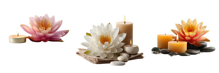 Set of A single lotus blossom paired with two small candles  on transparent png background. Ai generated