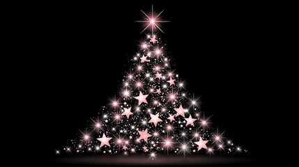 Beautiful Christmas tree made of pink glowing stars on black background, festive holiday decoration concept