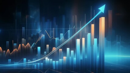 Futuristic business growth chart with upward arrow indicating financial success and stock market investment returns - Powered by Adobe
