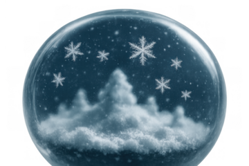 Snow globe containing winter wonderland scene with frosted trees and falling snowflakes, creating festive holiday atmosphere on transparent background