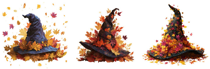 Set of Decorative Halloween witch hat with glitter accents and spooky charmt on transparent png background. Ai generated