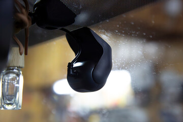 DVR and radar detector for car on white background. Combo device